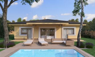 Bungalow avec terrasse couverte.